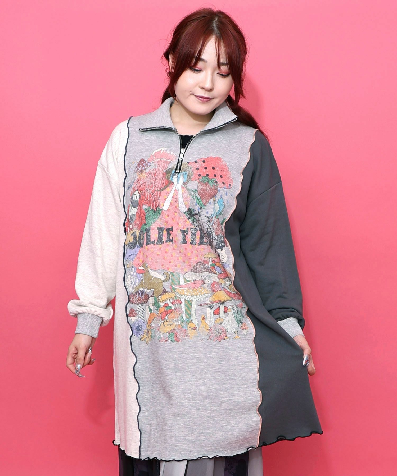 153646：メロウ加工配色ハーフジップワンピースの通販-ScoLar