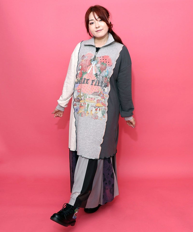 メロウ加工配色ハーフジップワンピース-2