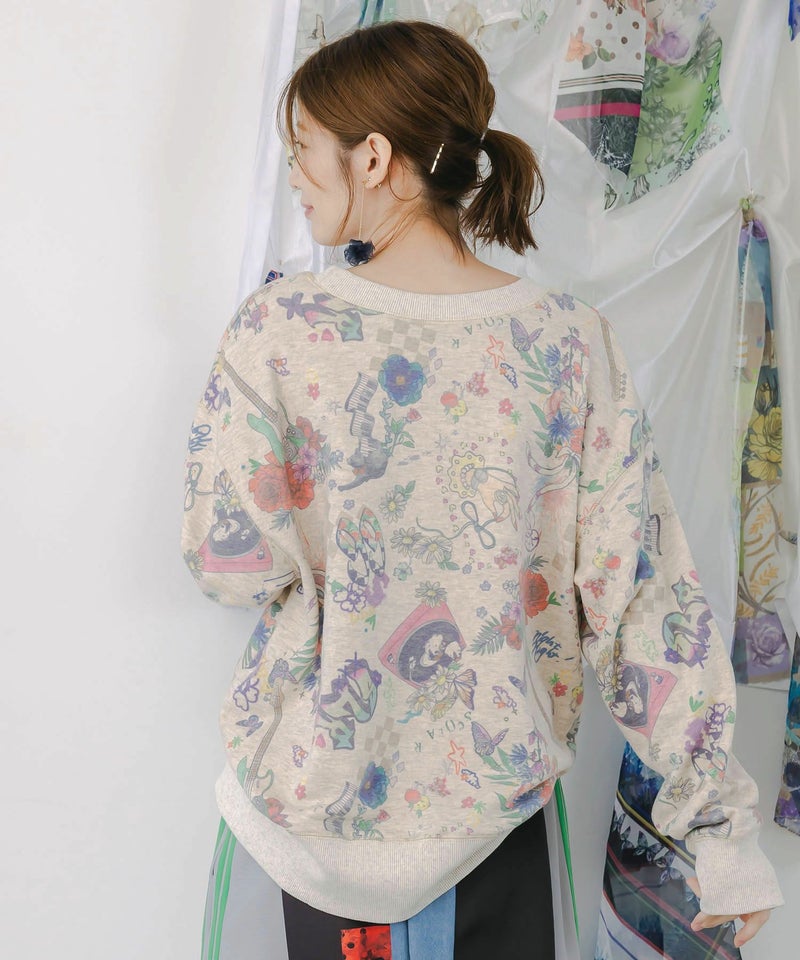 花と音楽のスウェットプルオーバー-5