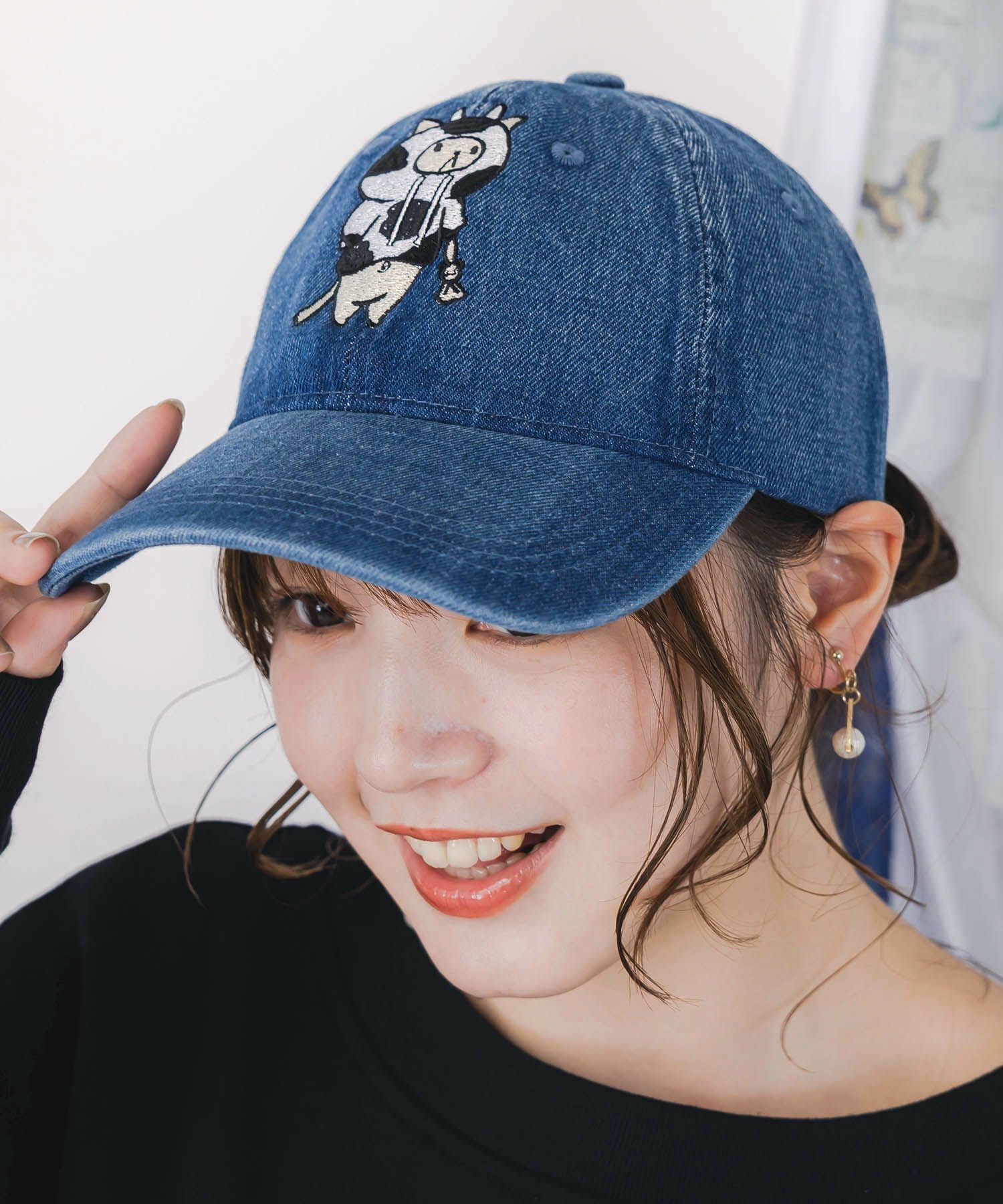 653332：牛ネコ刺繍デニムキャップの通販-ScoLar