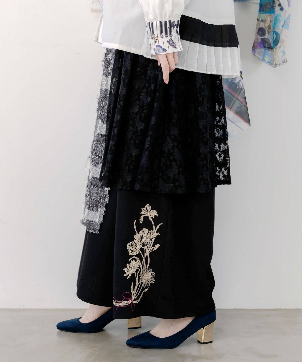 レース×チェック柄 異素材切替パンツ-4