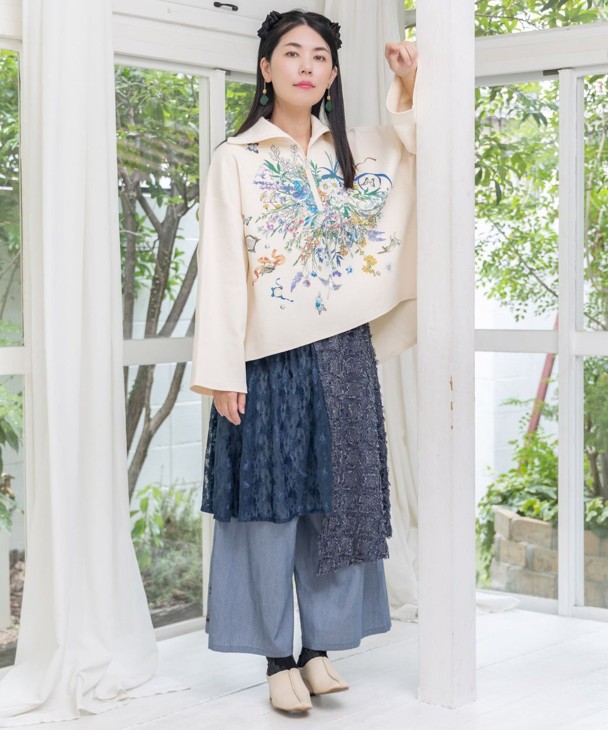 レース×チェック柄 異素材切替パンツ-11