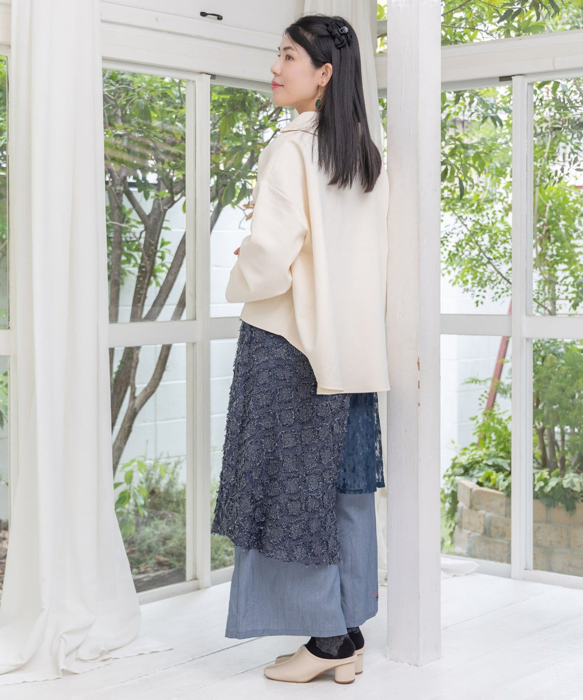 レース×チェック柄 異素材切替パンツ-13