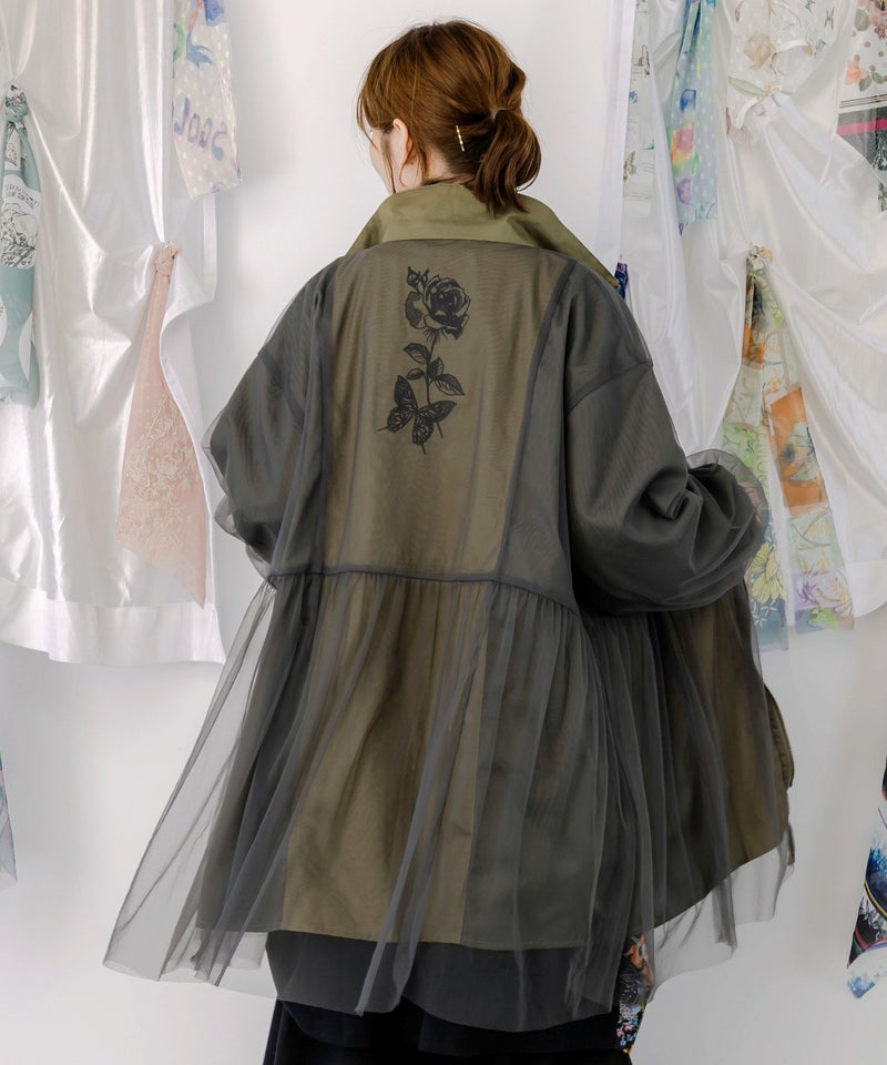 花蝶刺繍チュール重ねロングブルゾン-1
