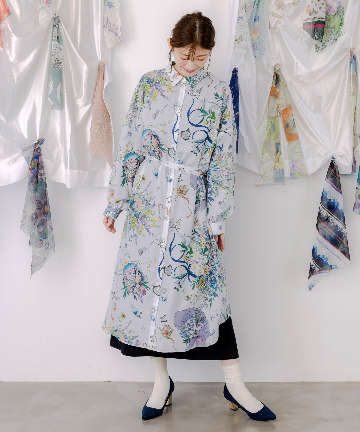 553224：星座と花束柄シャツワンピースの通販-ScoLar