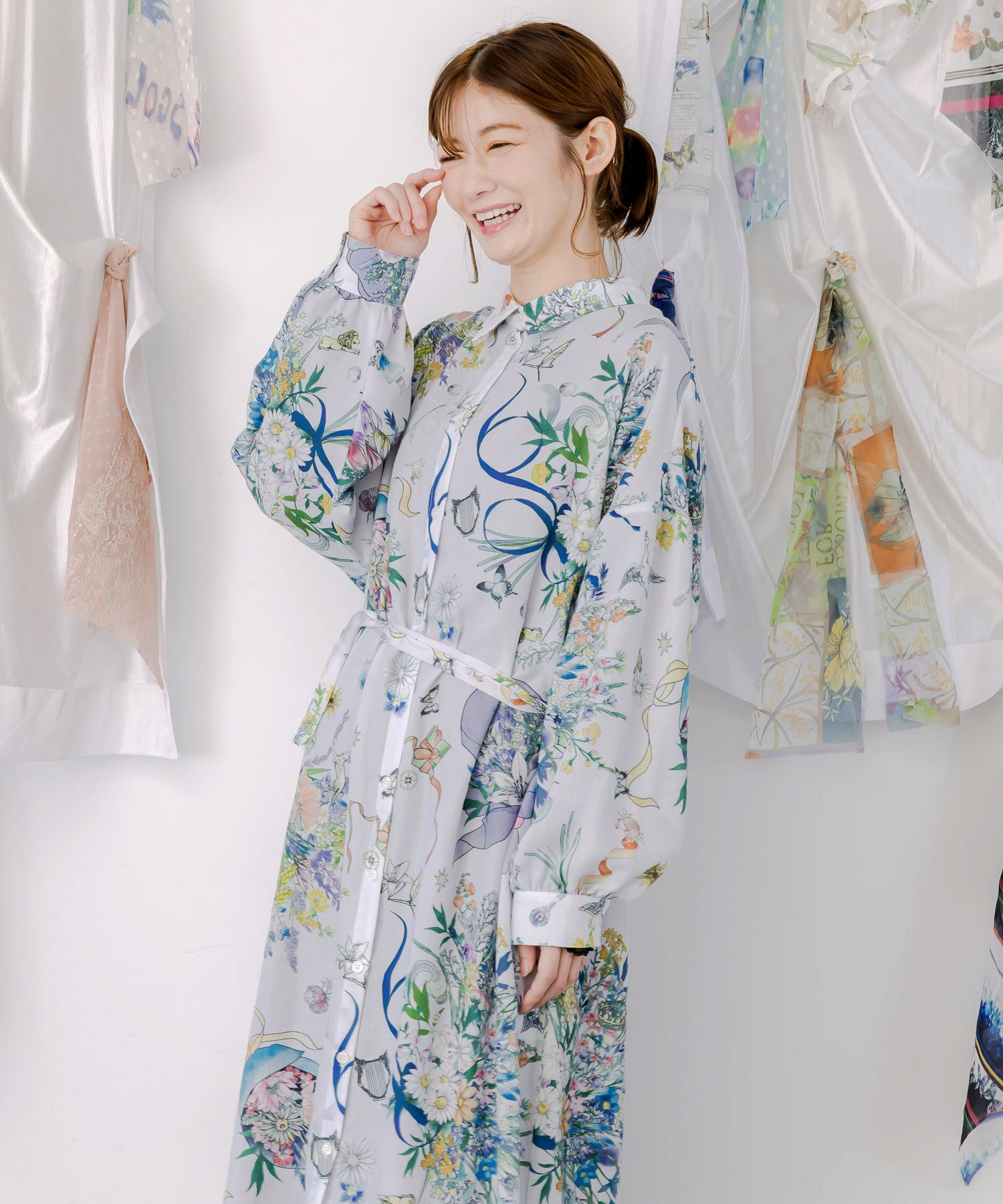 553224：星座と花束柄シャツワンピースの通販-ScoLar