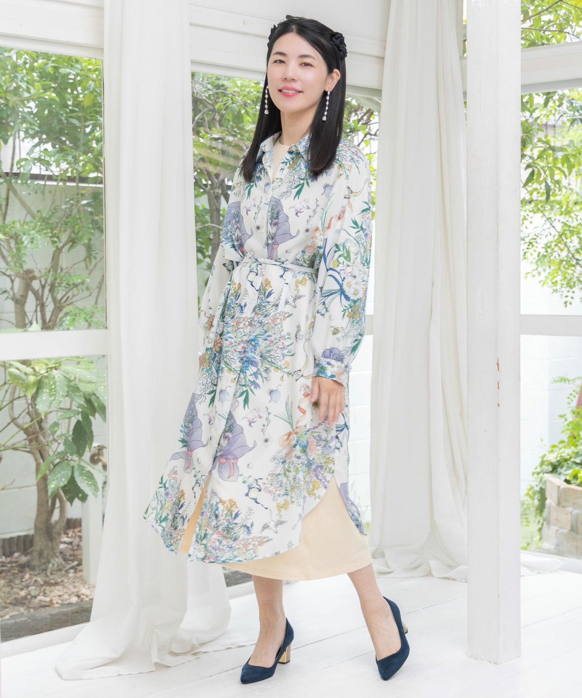 星座と花束柄シャツワンピース-11