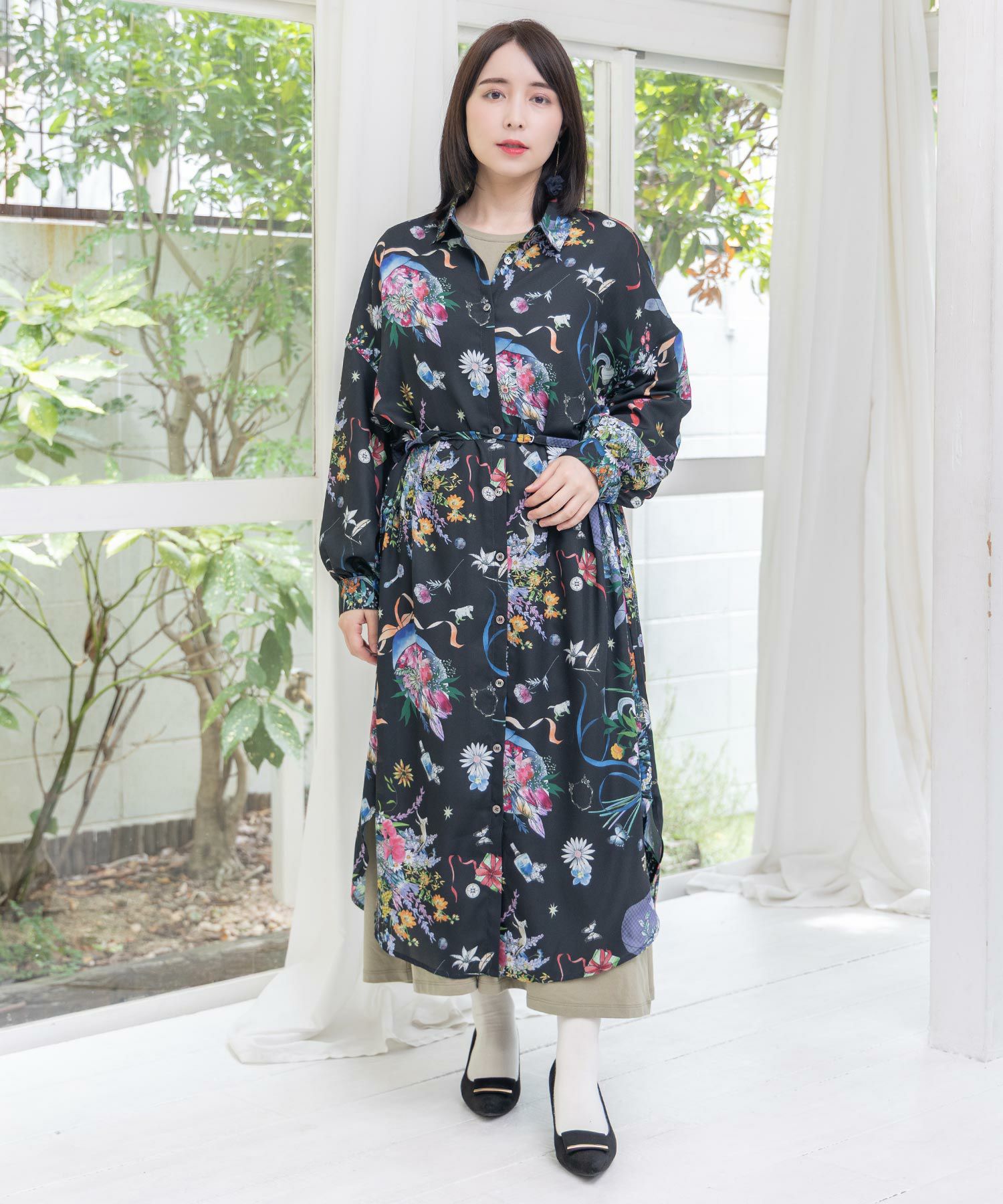 553224：星座と花束柄シャツワンピースの通販-ScoLar