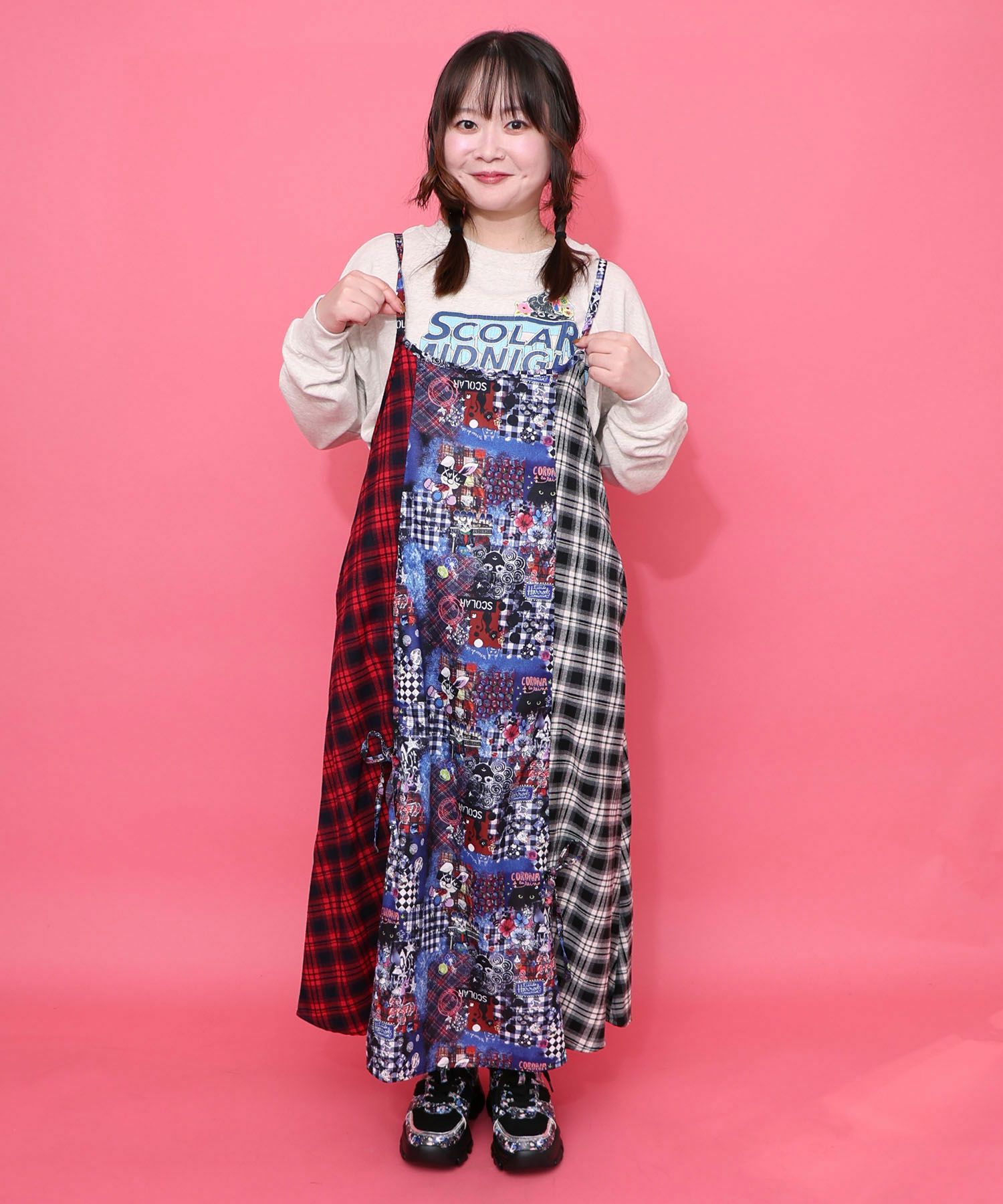 153668：POPチェック柄切替ワンピースの通販-ScoLar