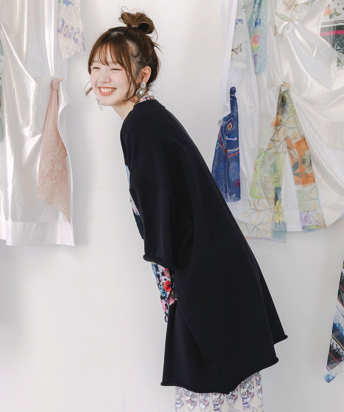 コラージュ柄 レース貼り付け裏毛チュニック-4