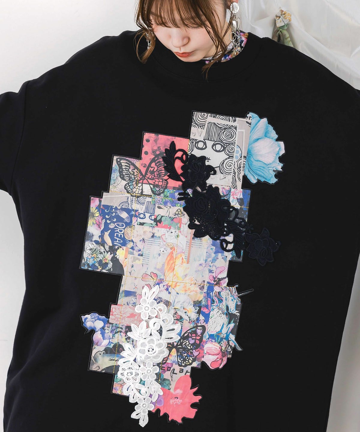 コラージュ柄 レース貼り付け裏毛チュニック-7