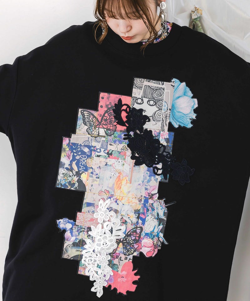 コラージュ柄 レース貼り付け裏毛チュニック-7