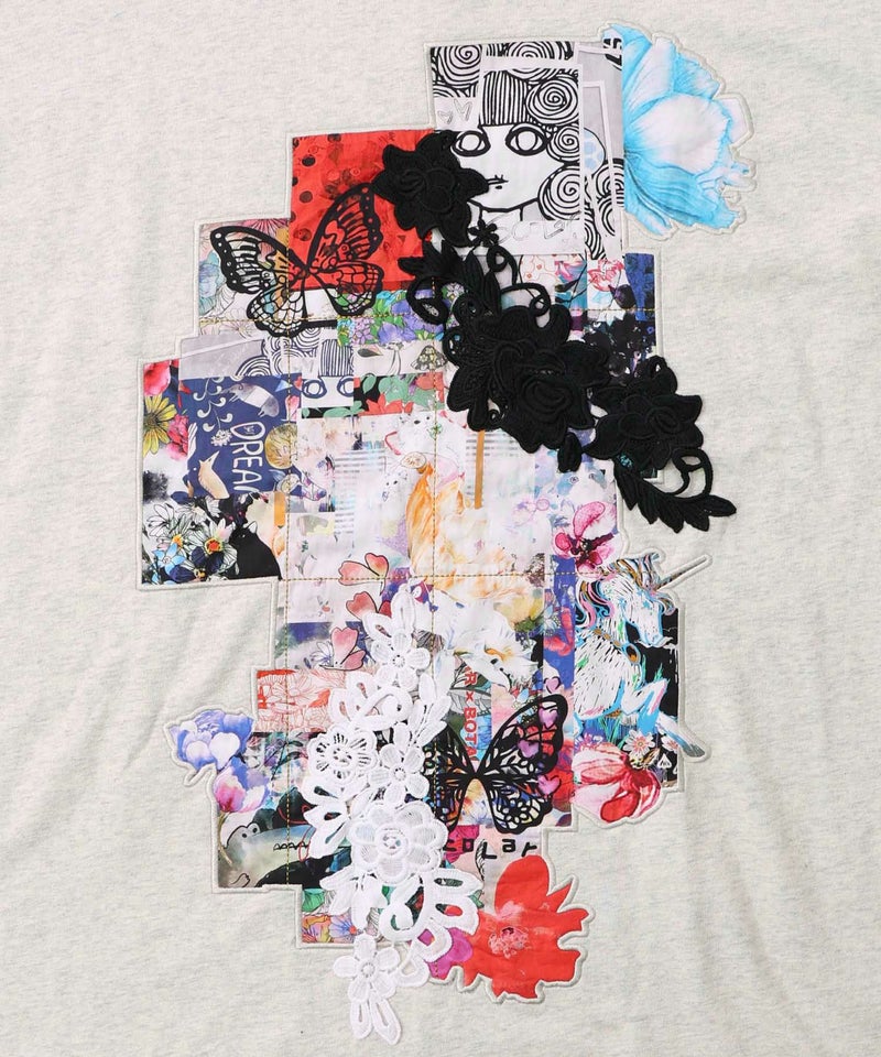 コラージュ柄 レース貼り付け裏毛チュニック-9