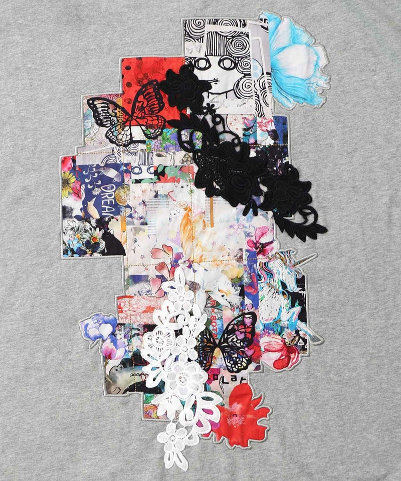 コラージュ柄 レース貼り付け裏毛チュニック-11