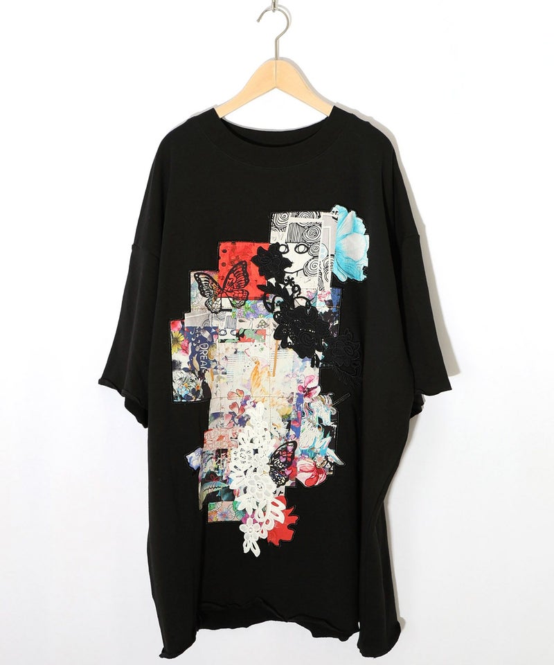 コラージュ柄 レース貼り付け裏毛チュニック-12