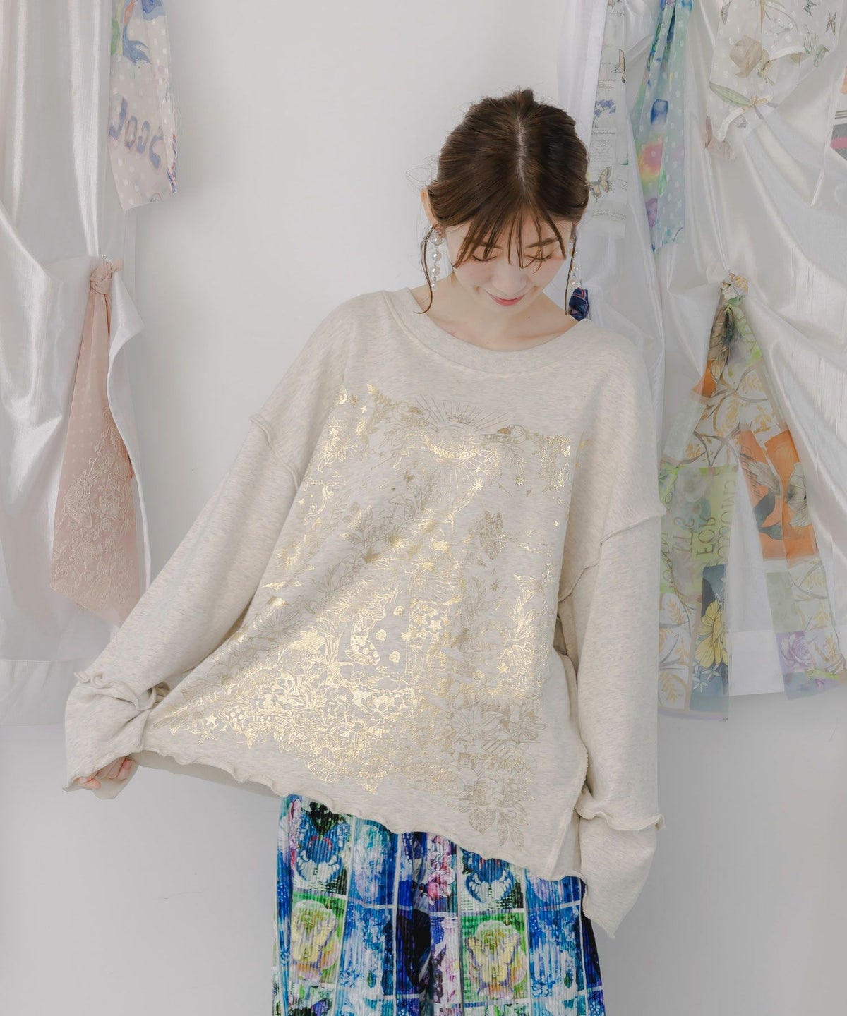 キノコ花柄箔プリント裏毛プルオーバー-5