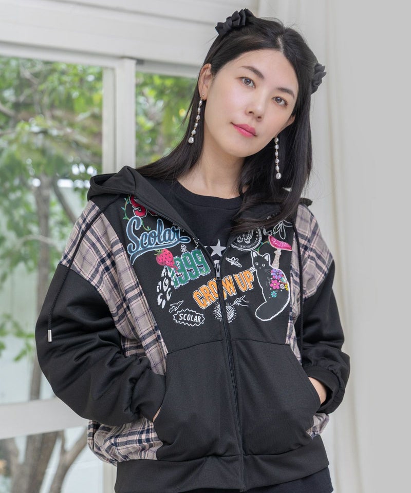 POP・チェック柄切替パーカー-1