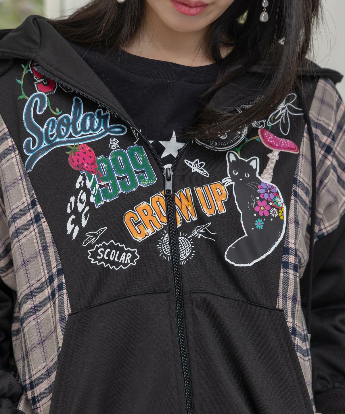 153653：POP・チェック柄切替パーカーの通販-ScoLar