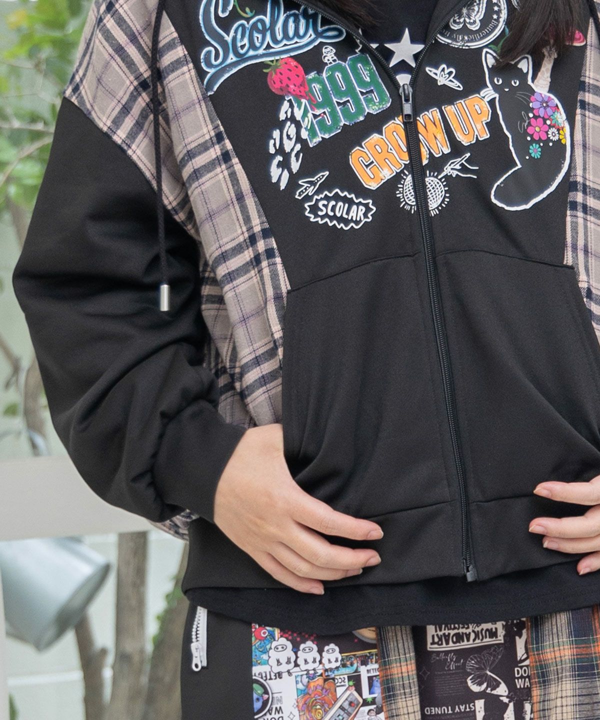 153653：POP・チェック柄切替パーカーの通販-ScoLar