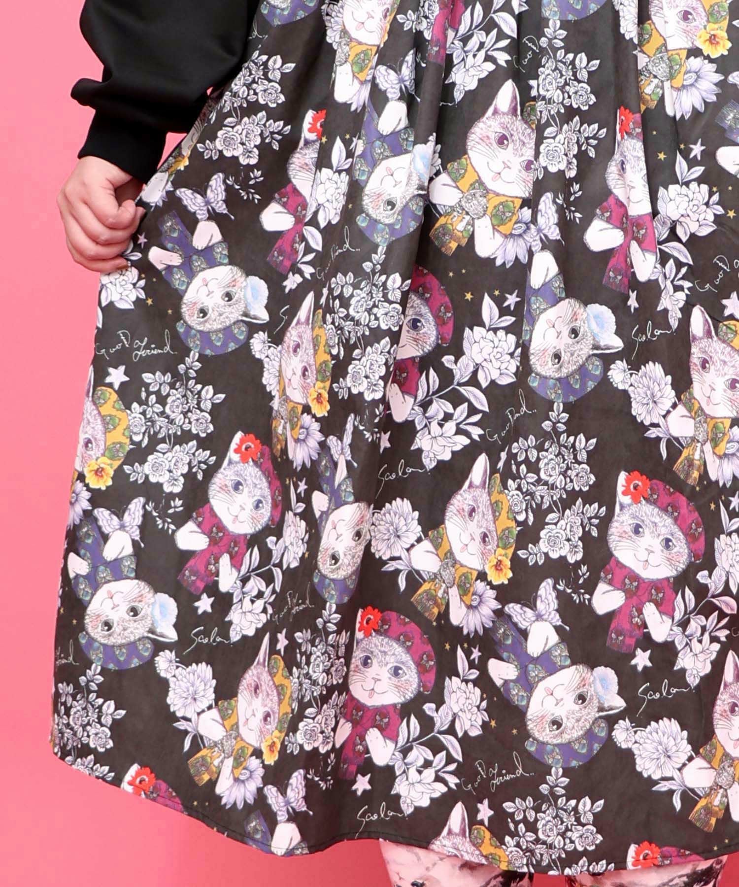 153651：おめかしネコ柄 切替ワンピースの通販-ScoLar