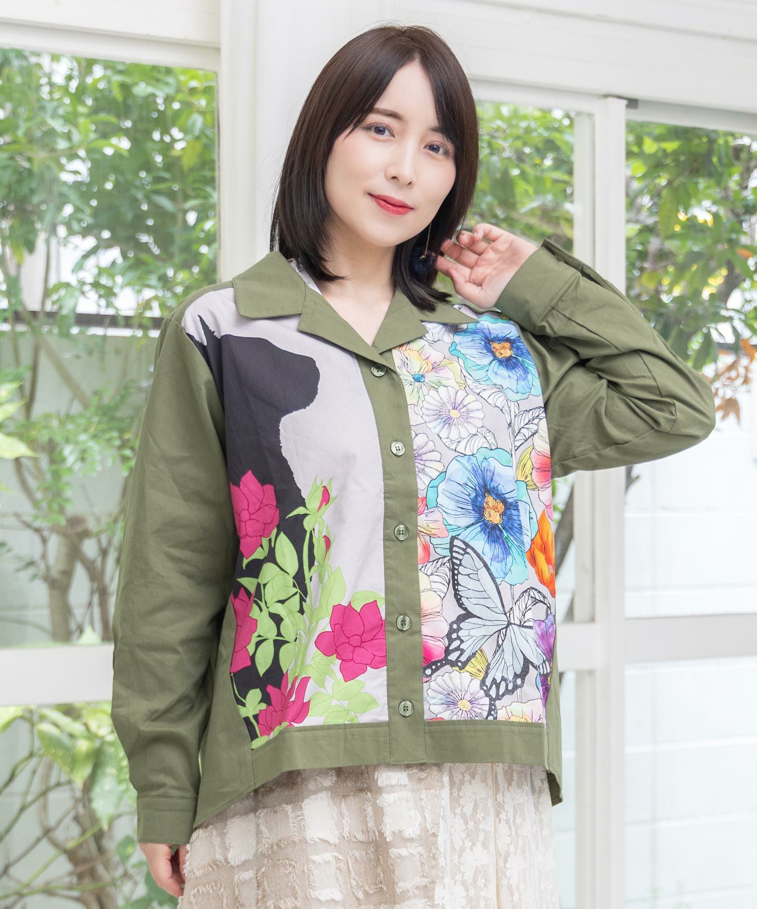 153649：ネコ花柄切替シャツの通販-ScoLar