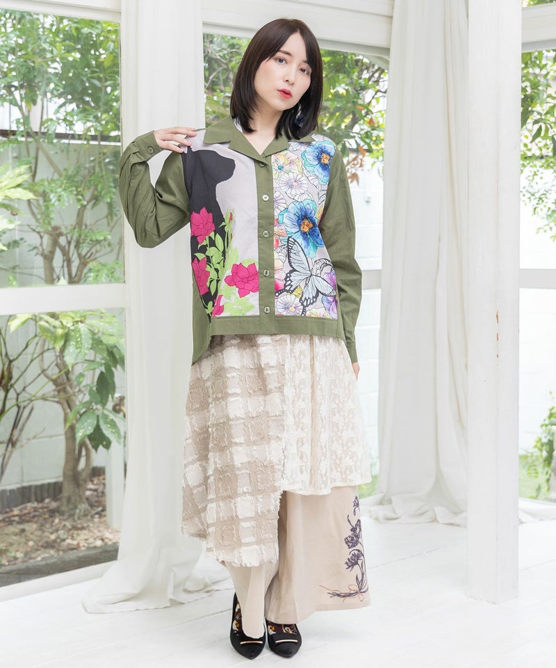 ネコ花柄切替シャツ-2