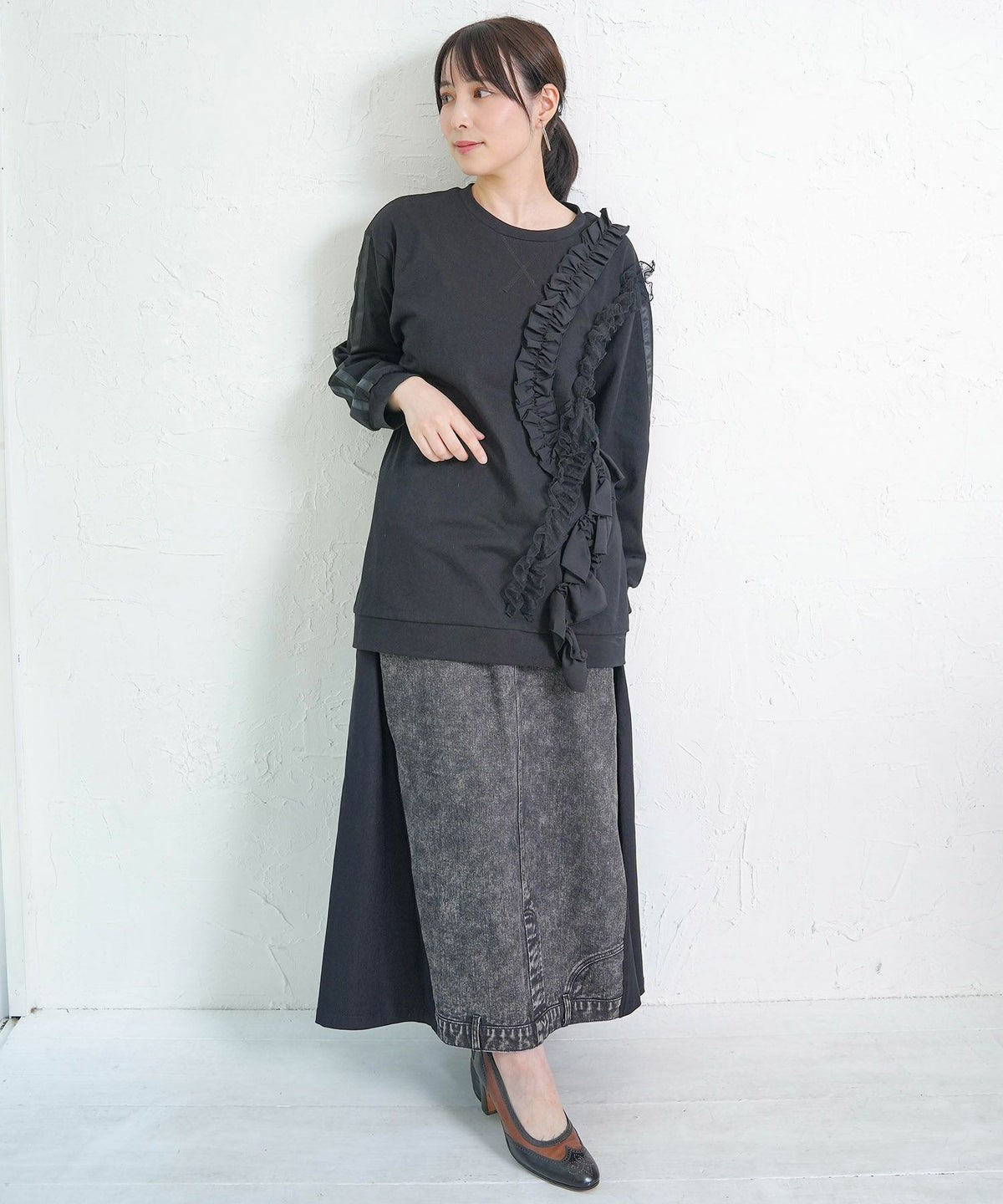 スタッズ付き異素材切替スカート-19