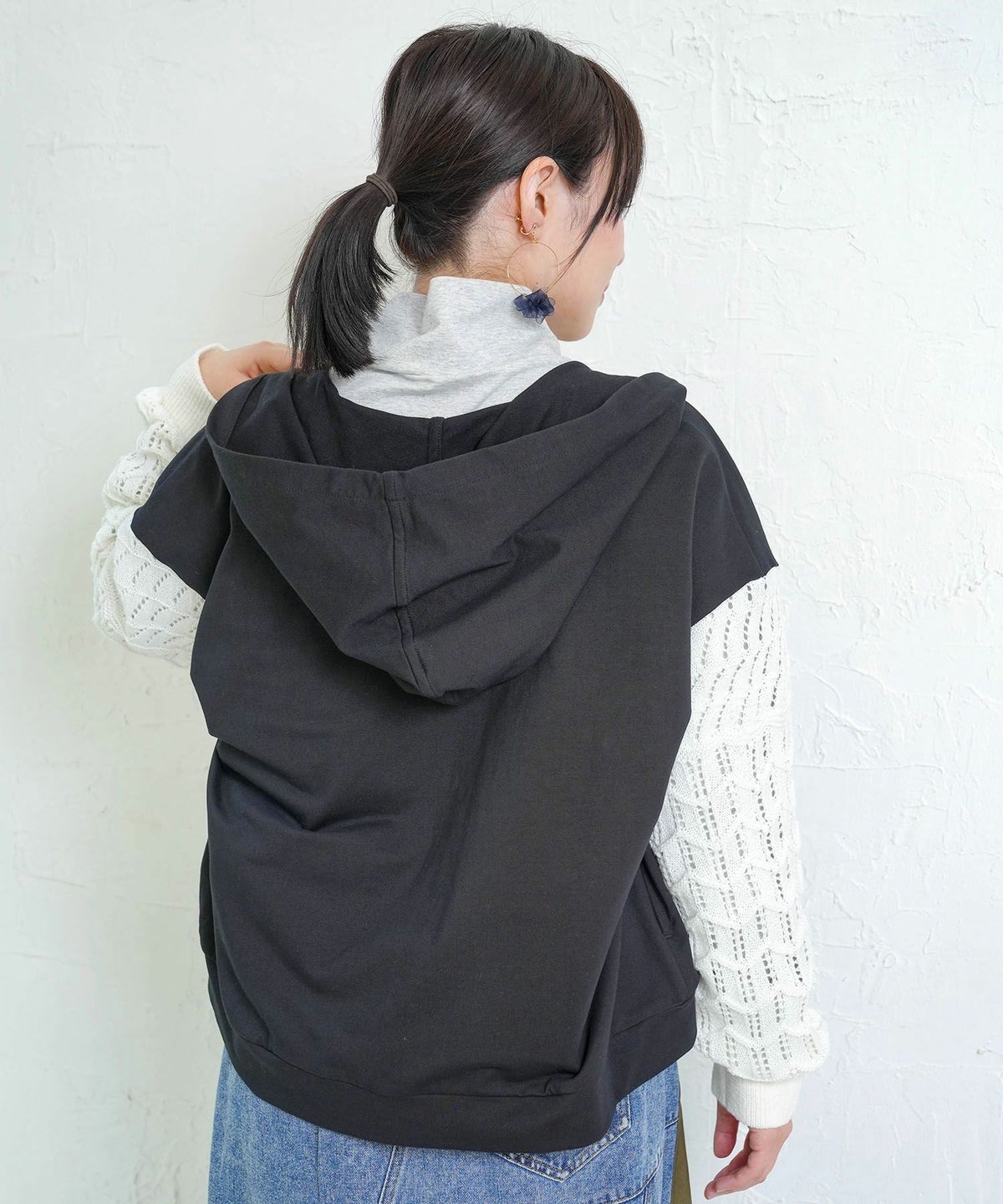 花刺繍アップリケ×ニット切替パーカー-5