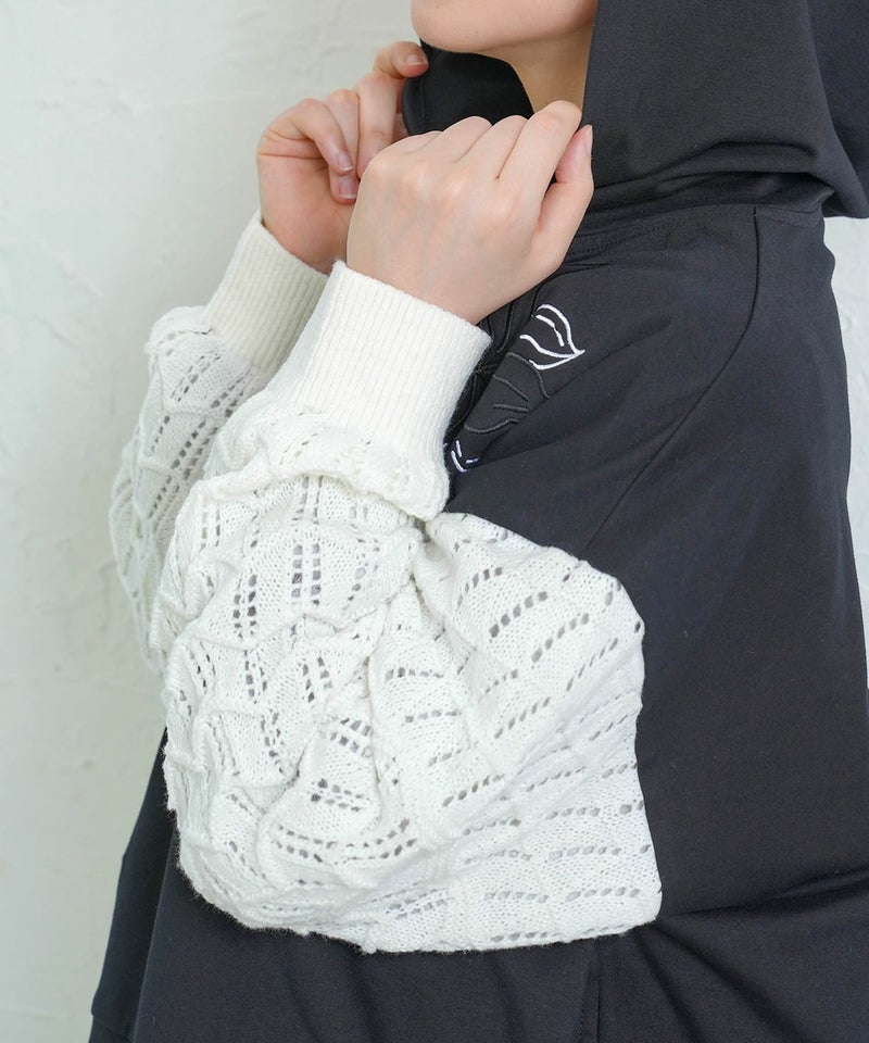 花刺繍アップリケ×ニット切替パーカー-6