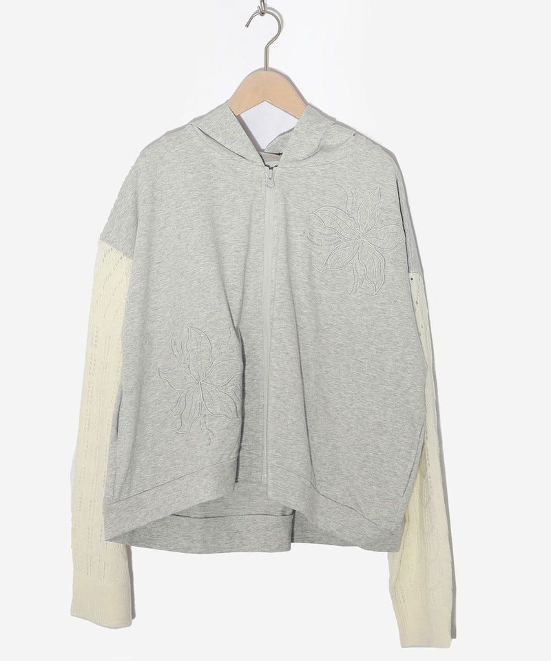 花刺繍アップリケ×ニット切替パーカー-9