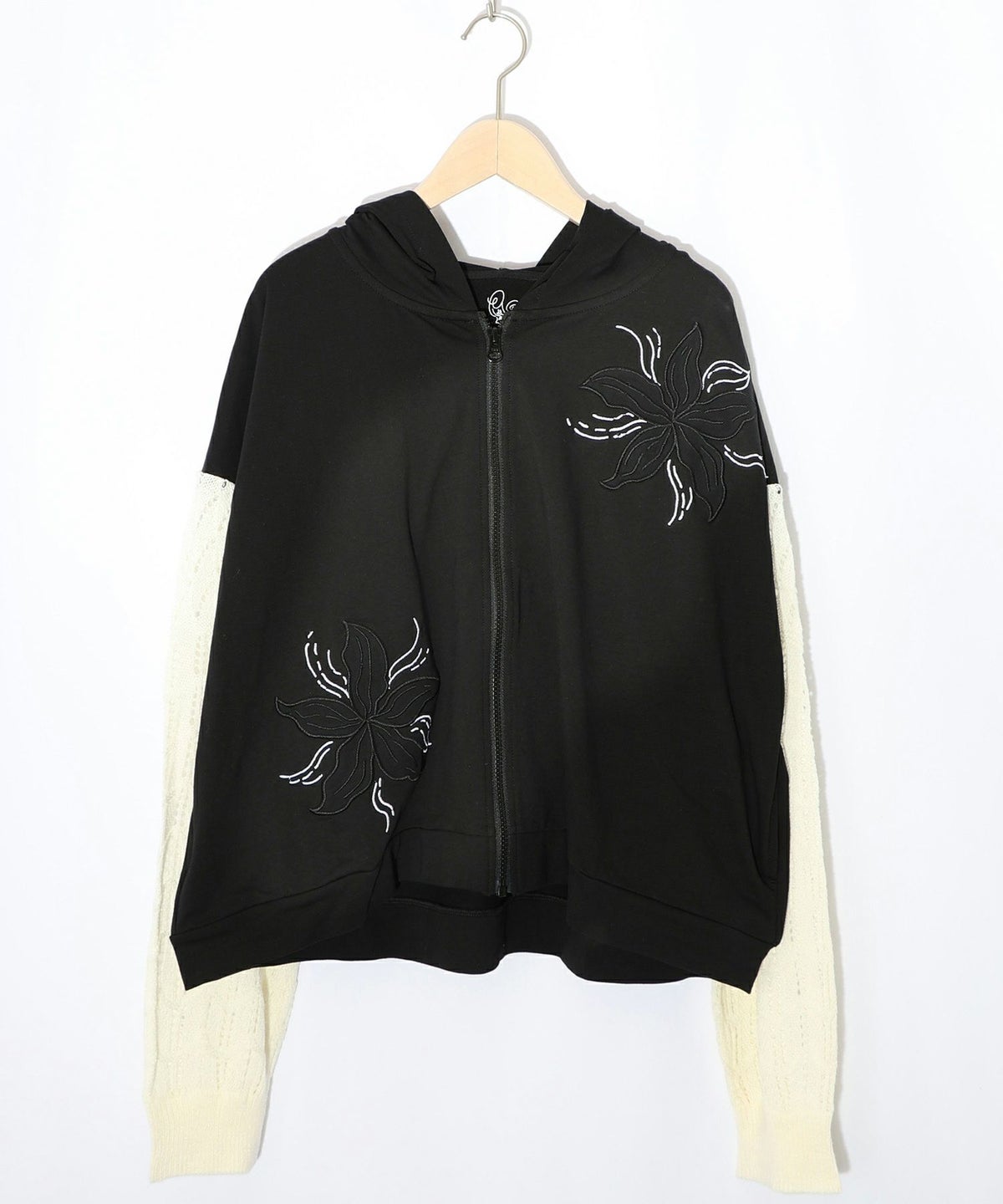 花刺繍アップリケ×ニット切替パーカー-11