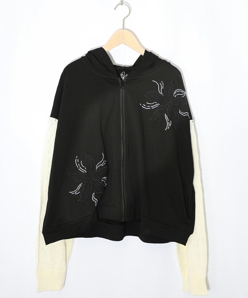 花刺繍アップリケ×ニット切替パーカー-11