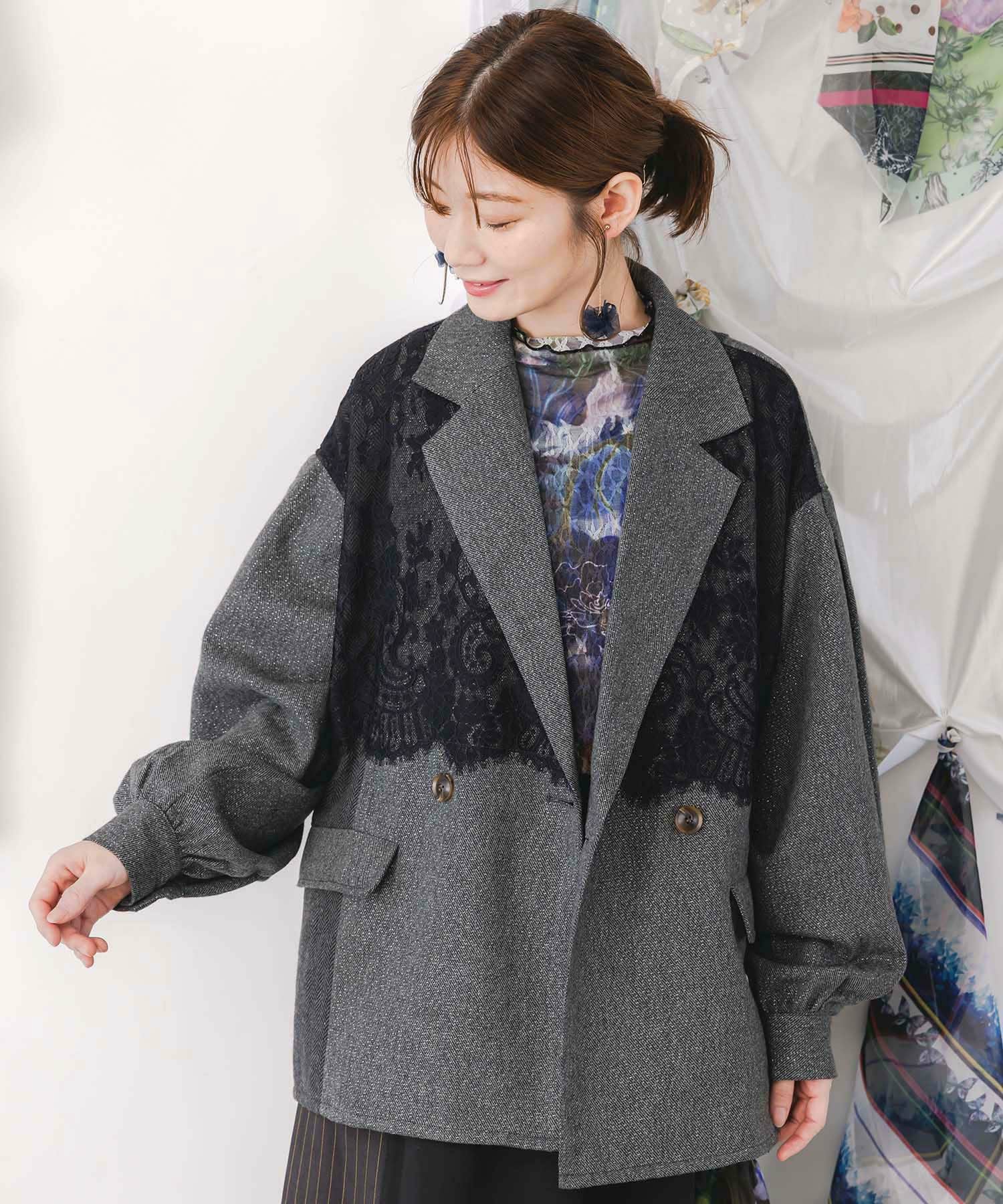 553229：レースと蝶々の異素材切替ジャケットの通販-ScoLar