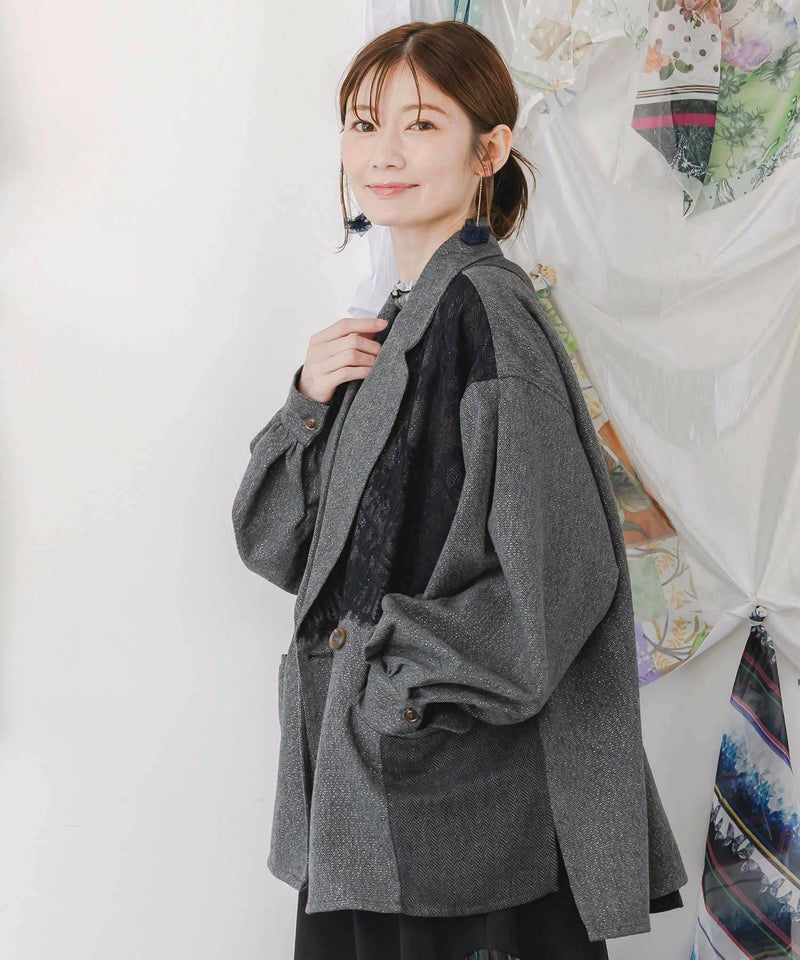 レースと蝶々の異素材切替ジャケット-4