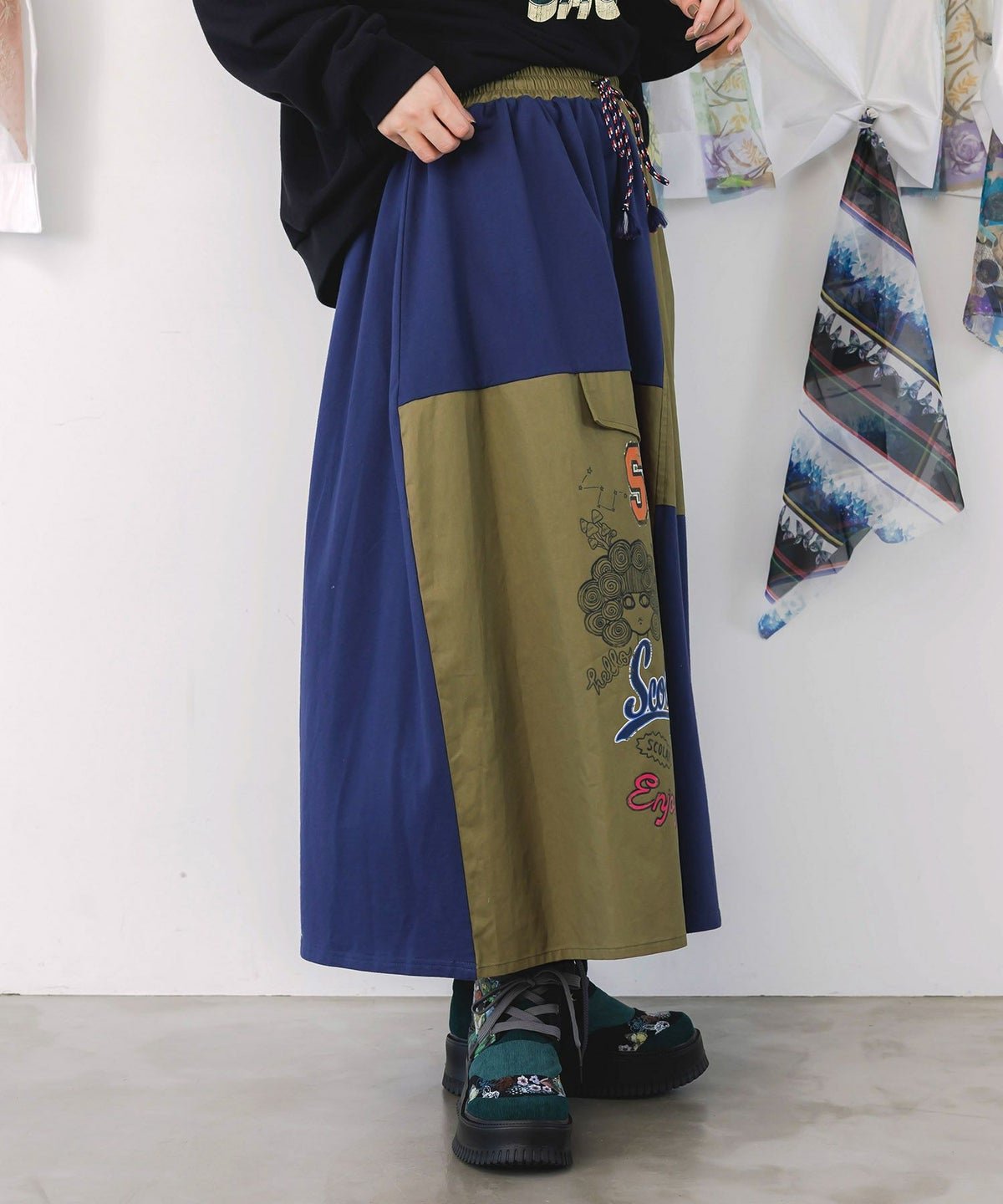 レトロ異素材バイカラーワークスカート-4