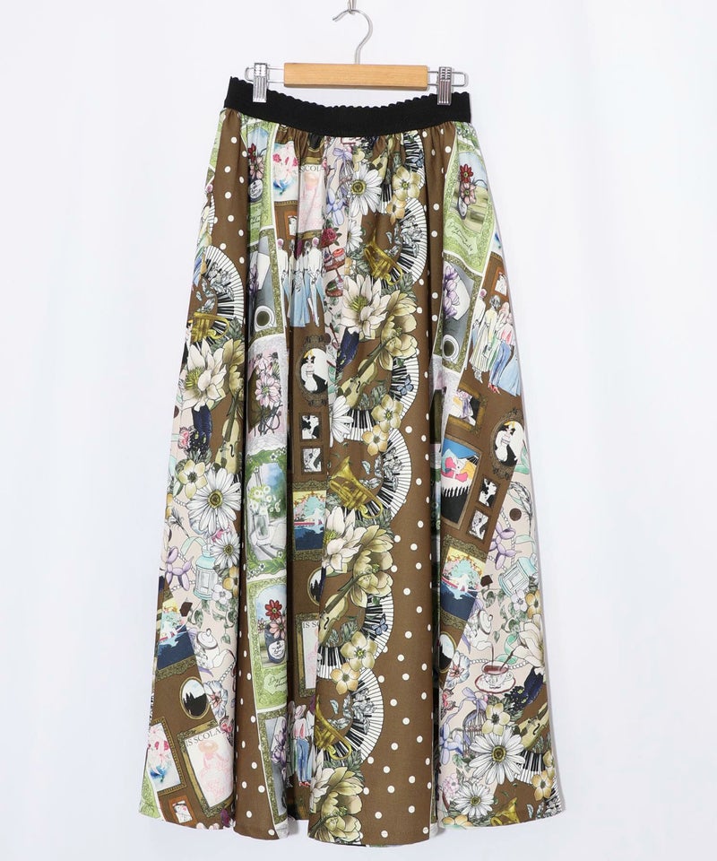 芸術と音楽と花のコラージュ柄フレアスカート-10