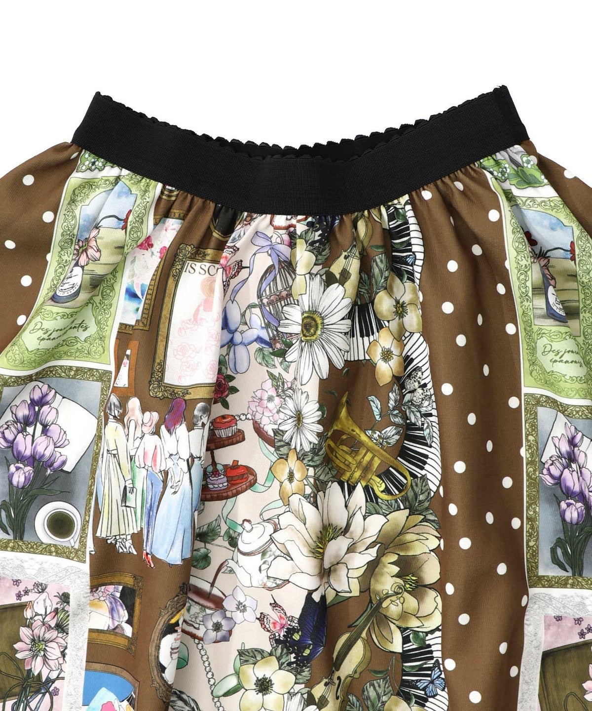 芸術と音楽と花のコラージュ柄フレアスカート-12