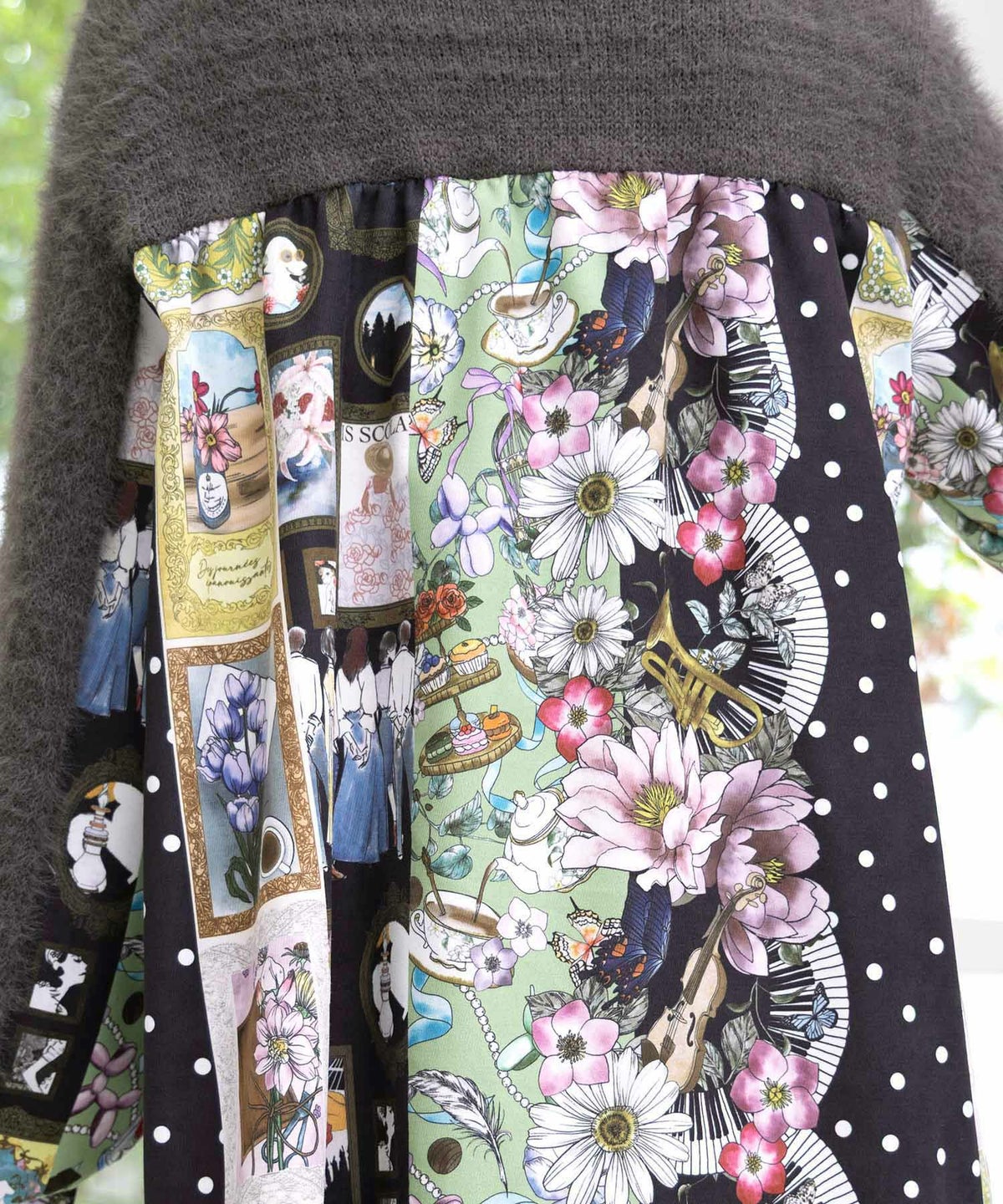 芸術と音楽と花のコラージュ柄ロングカーディガン-8