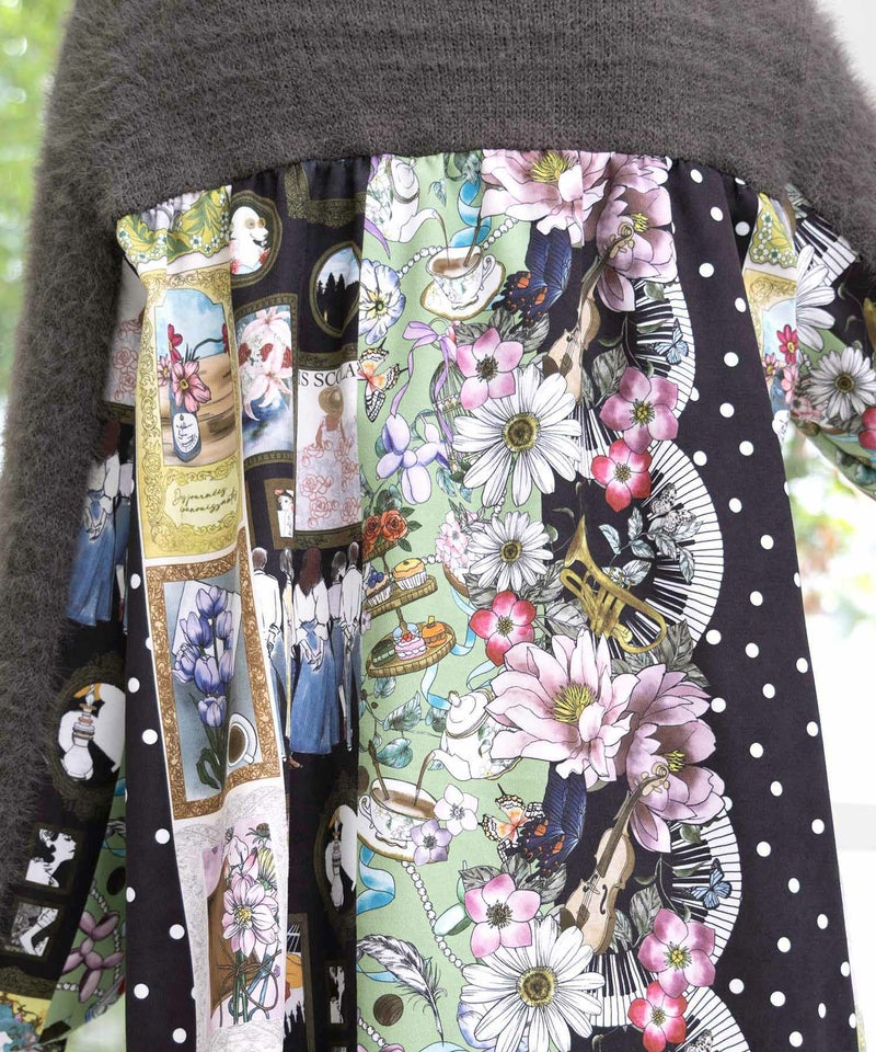 芸術と音楽と花のコラージュ柄ロングカーディガン-8