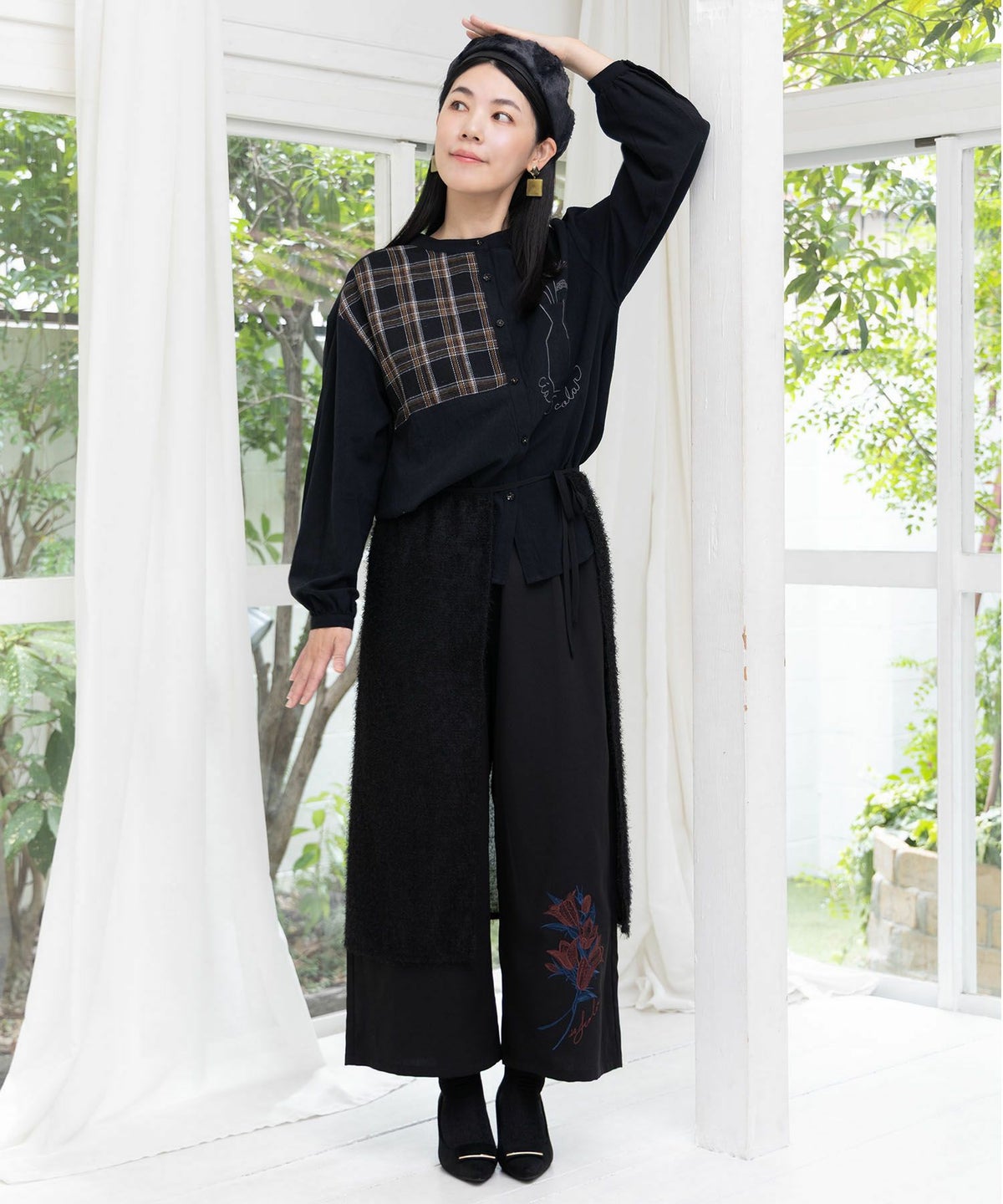 チェック柄×フリンジ花刺繍ノーカラーシャツ-2