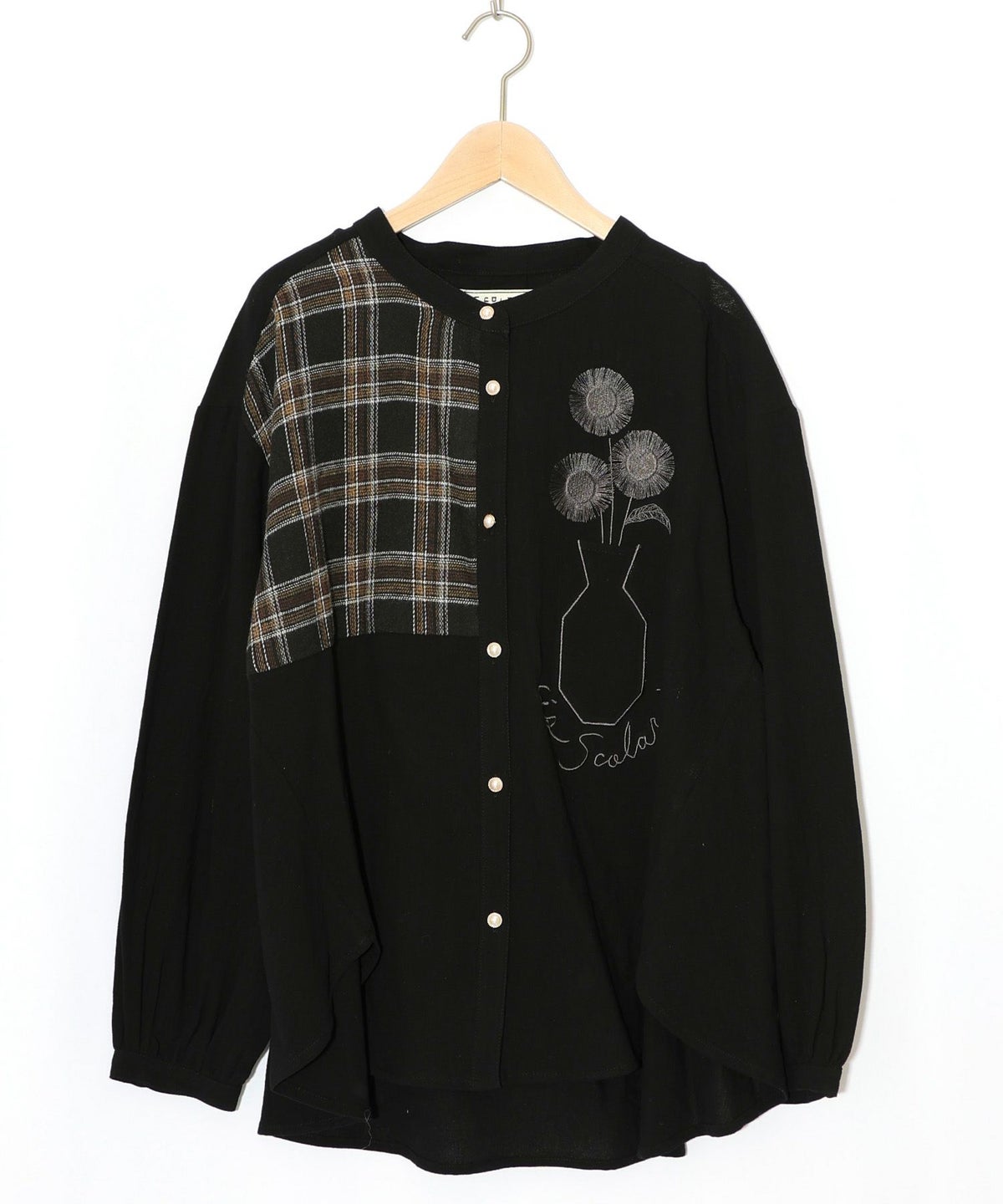 チェック柄×フリンジ花刺繍ノーカラーシャツ-8