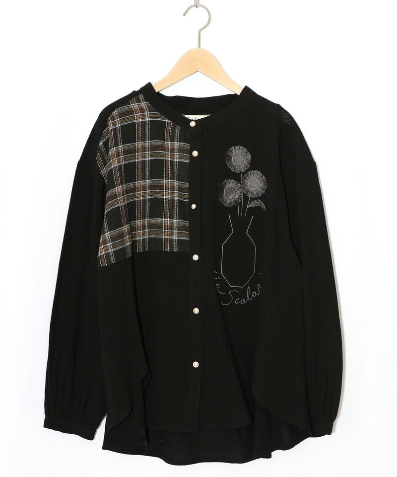 チェック柄×フリンジ花刺繍ノーカラーシャツ-8