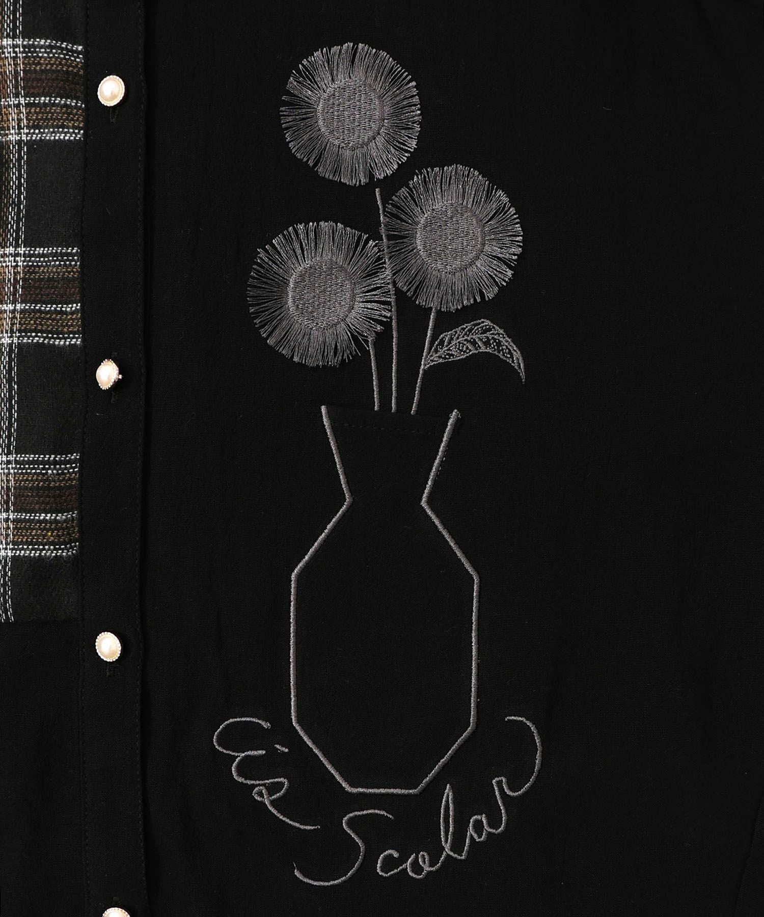 553254：チェック柄×フリンジ花刺繍ノーカラーシャツの通販-ScoLar