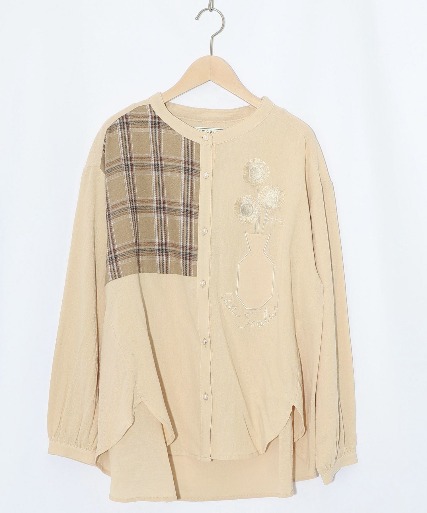 553254：チェック柄×フリンジ花刺繍ノーカラーシャツの通販-ScoLar