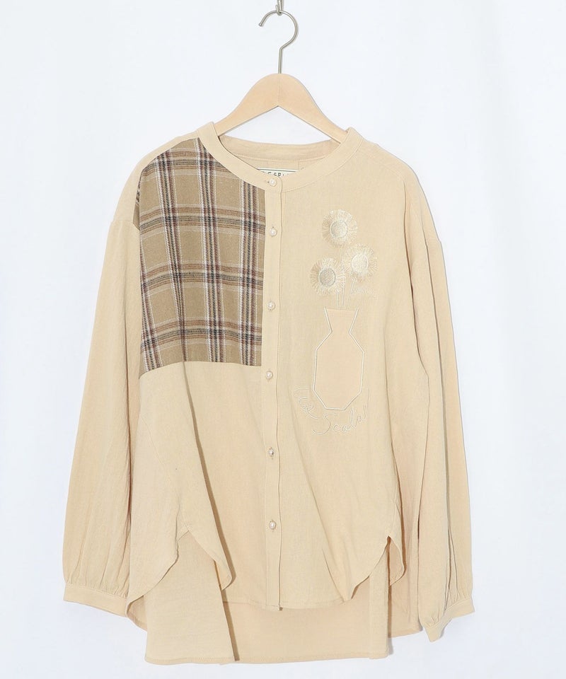 チェック柄×フリンジ花刺繍ノーカラーシャツ-10