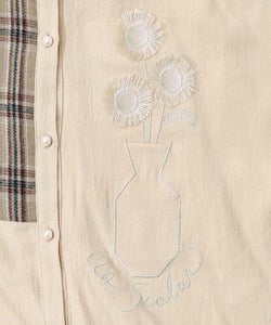 チェック柄×フリンジ花刺繍ノーカラーシャツ-11