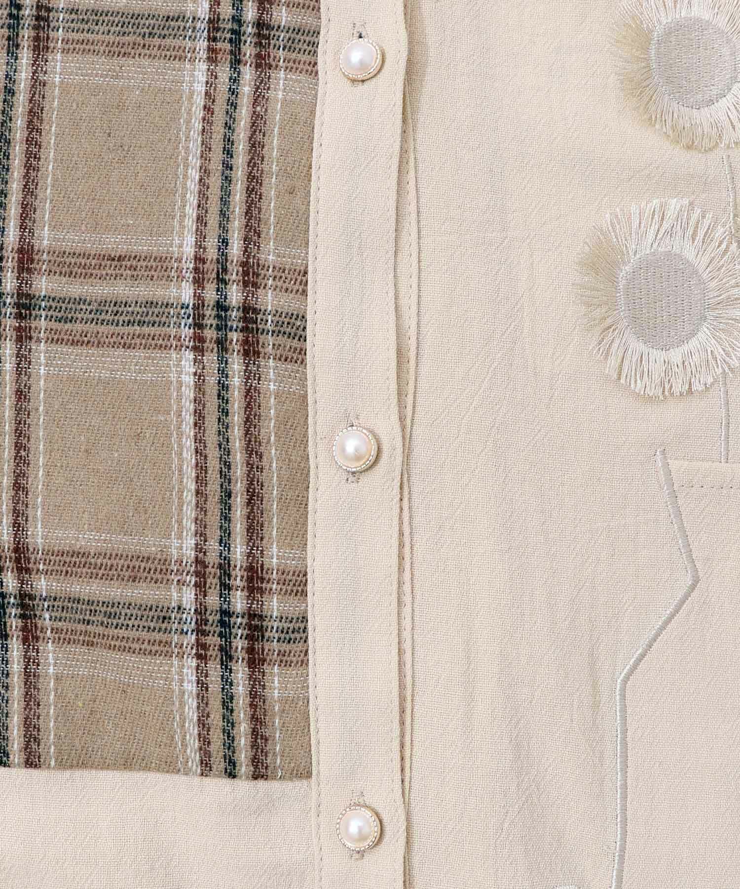 553254：チェック柄×フリンジ花刺繍ノーカラーシャツの通販-ScoLar