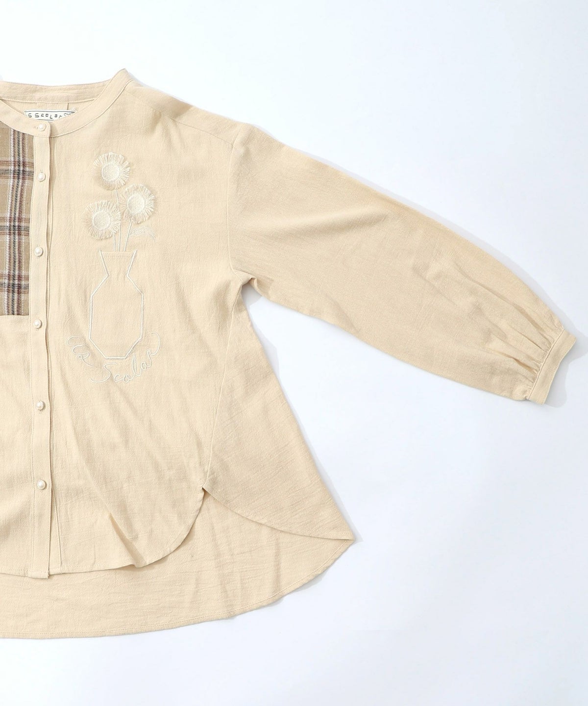 チェック柄×フリンジ花刺繍ノーカラーシャツ-15