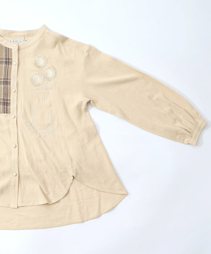 チェック柄×フリンジ花刺繍ノーカラーシャツ-15