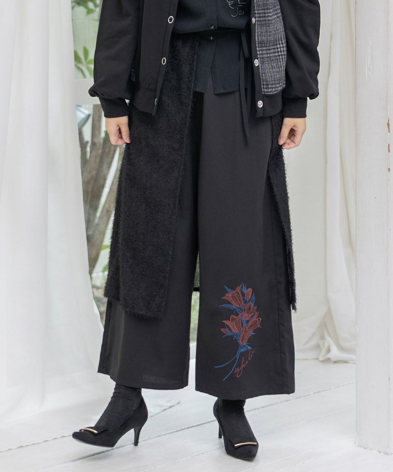 フリンジシフォン巻きスカート付き花刺繍パンツ-2